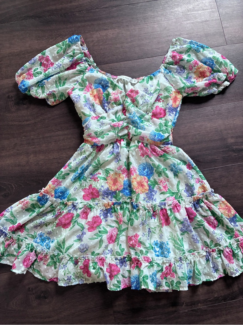 Altar'd State White Mini Dress with Pink Blue Yellow Floral Print